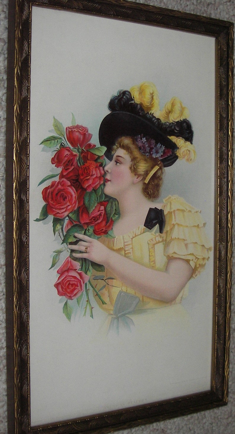 Nice Old Yard Long Chromolithograph Print Victorian Lady With Bonnet and Red Roses in Old Antique Carved Wood Frame With Glass
