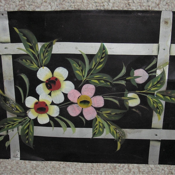 1800s Antique Hand Painted Tin Panel - Beautiful Folk Art Floral Decor