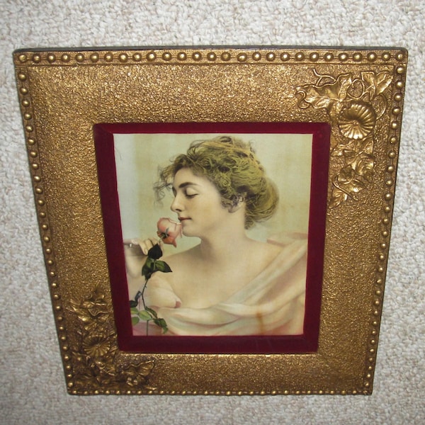 RESERVED  Victorian Lady Rose Print in Antique Gold Gesso Frame