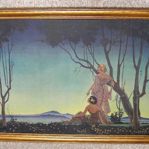 May include: A vintage painting depicting two women in flowing gowns standing in a forest clearing. The women are silhouetted against a twilight sky with a distant mountain range in the background. The painting is framed in a gold frame.