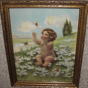 Antique Gutmann Art Deco Wood Frame with Chubby Child and Butterflies Illustration