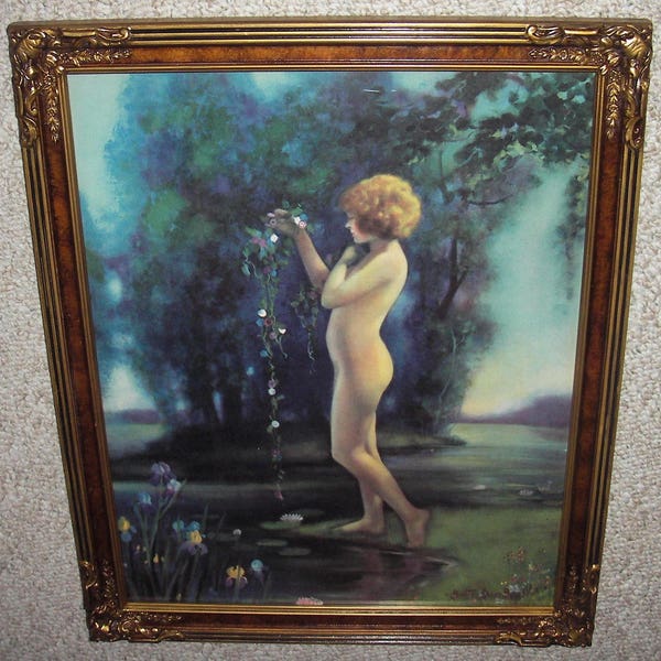 Excellent Old 1920 Era Print of Stunning Young Nude Lady "The Dewy Morn" Signed Basabe Housed in Gorgeous Old Art Deco Frame with Old Glass