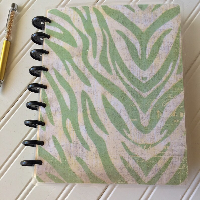Happy planner front cover mini classic or large size planner beige distressed glittery paper with mint colored tiger stripes.