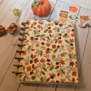 Happy Planner Front Cover for mini or classic or large size planner or dashboard size, cream paper acorns leaves orange green pattern fall