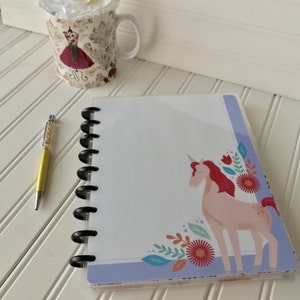 Happy planner cover for mini, classic, skinny or large size planner White paper with pink unicorn red green orange blue purple floral design