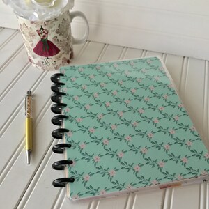 Happy planner cover for mini, classic or large size planner teal colored paper with green and pink lattice floral design