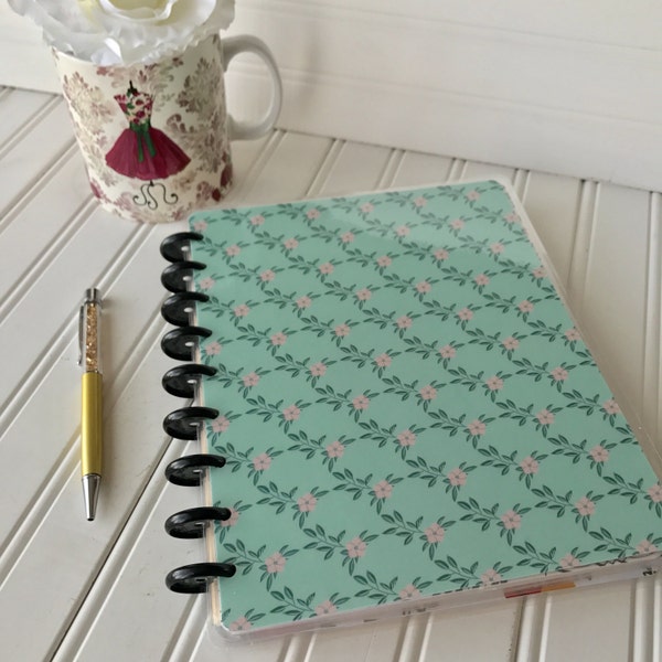 Happy planner front cover for mini, classic or large size planner teal colored paper with green and pink lattice floral design