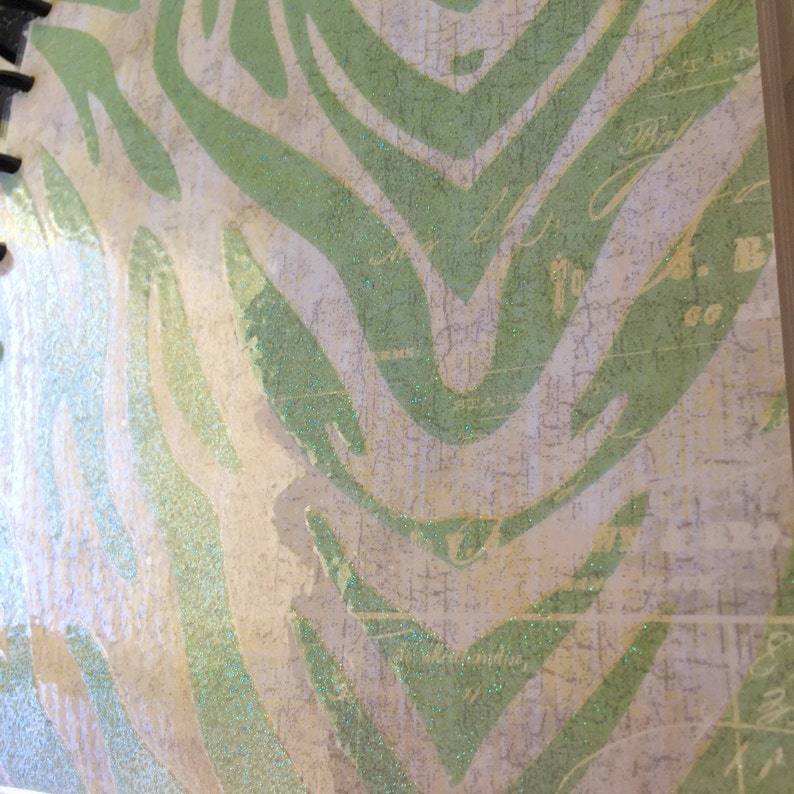 Happy planner front cover mini classic or large size planner beige distressed glittery paper with mint colored tiger stripes.