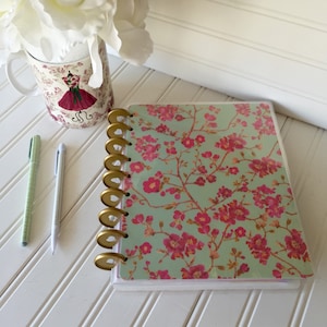 Happy Planner Front Cover for mini, classic or large size planner bright pink blossoms mint paper