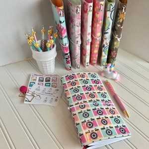 Paperdori, journal, midori, fauxdori travelers notebook cover. laminated double-sided print paper with eyelets and elastic colorful cameras