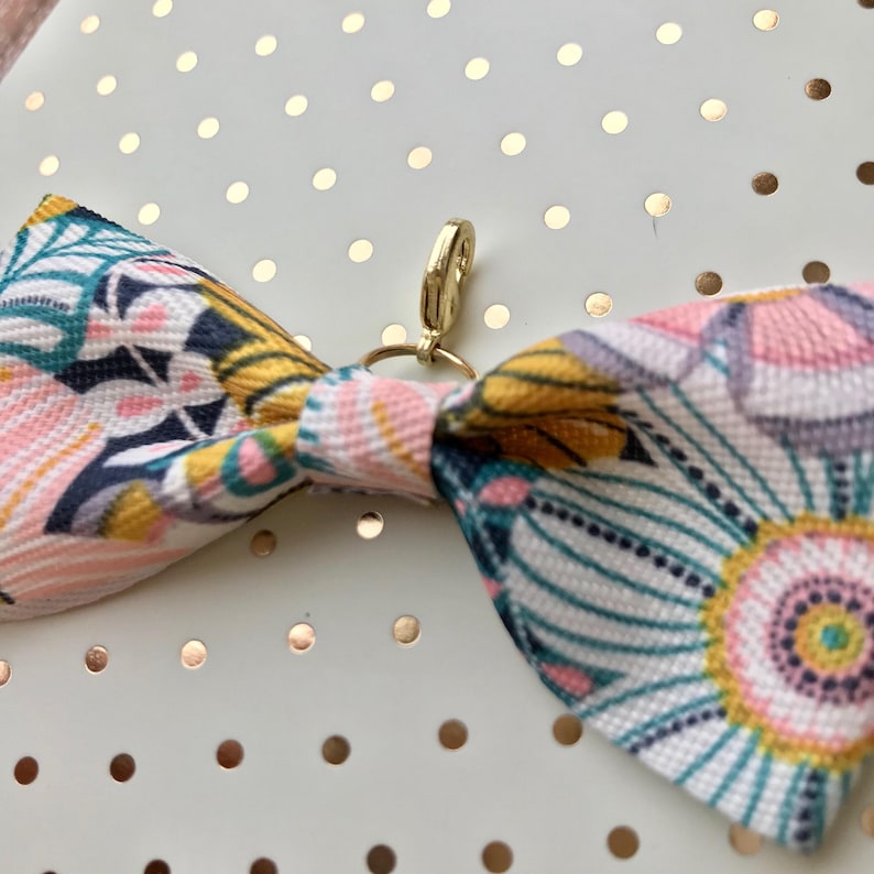 midori or travelers notebook bow charm Navy pink yellow white floral design grosgrain ribbon Gold hardware Planner
