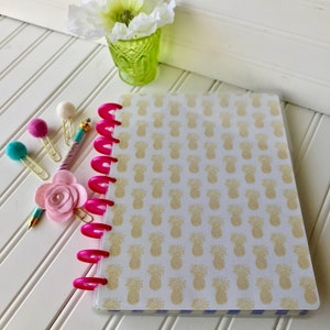 Happy Planner Cover for all sizes happy planner or dashboard for personal or A5 sizes white paper gold pineapples.