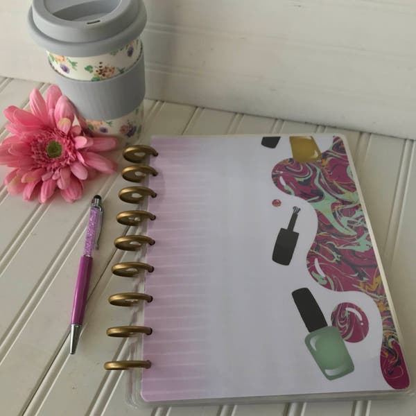 Happy planner front cover for mini, classic or large size planner White pink paper yellow purple turquoise nail polish design