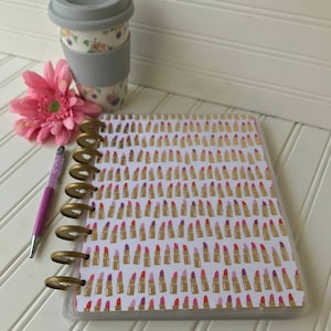 Happy planner front cover for mini, classic or large size planner White paper pink red purple gold foil lipstick design