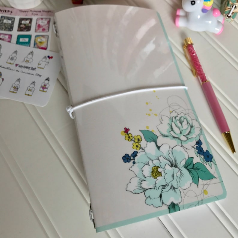 Paperdori, journal, midori, fauxdori travelers notebook cover. Durable laminated double-sided print paper with eyelets and elastic image 3