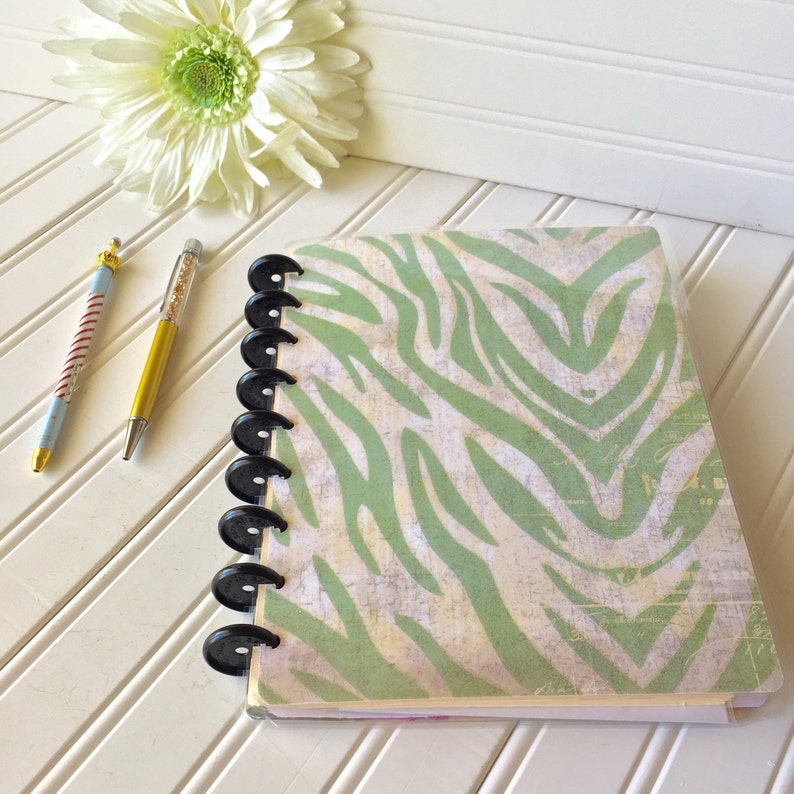 Happy planner front cover mini classic or large size planner beige distressed glittery paper with mint colored tiger stripes.