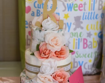 3 Tier Floral Diaper Cake - Baby Diaper Cake/ Girl Diaper Cake/ Rose Diaper Cake