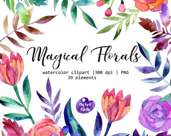 Floral watercolor clipart with colorful flowers, berries and leaves for DYI wedding invitations, cards, posters, stickers and planners.