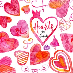 Watercolor Hearts Clipart. Valentine&#39;s Day Watercolor, Love, 14th February, 300 dpi PNG, transparent background for scrapbooking, DIY cards