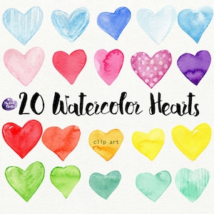 May include: Twenty watercolour hearts in various colours, including pink, red, blue, yellow, green, and purple. The hearts are painted in a loose, free-flowing style, giving them a whimsical and charming look. The text "20 Watercolor Hearts" and "clip art" are also included in the image.