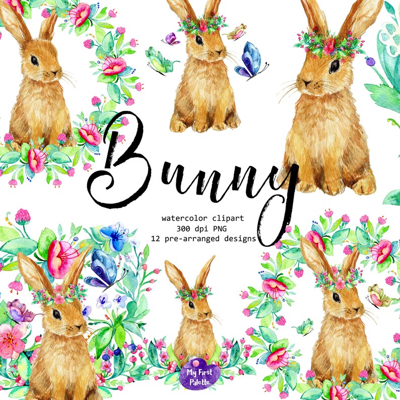Easter Bunny With Flowers, Spring Watercolor Clipart 300 Dpi PNG With ...
