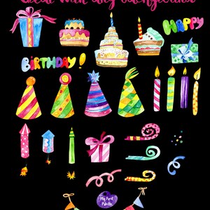 Watercolor Birthday clipart hand painted clipart: Birthday, Holiday, Party, Celebration, 400 dpi PNG, scrapbooking, invitations imagem 3