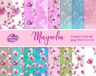Magnolia digital paper, printable floral gift wrapping paper, scrapbooking paper, printable background. Seamless watercolor floral pattern
