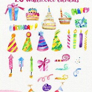 Watercolor Birthday clipart hand painted clipart: Birthday, Holiday, Party, Celebration, 400 dpi PNG, scrapbooking, invitations imagem 2