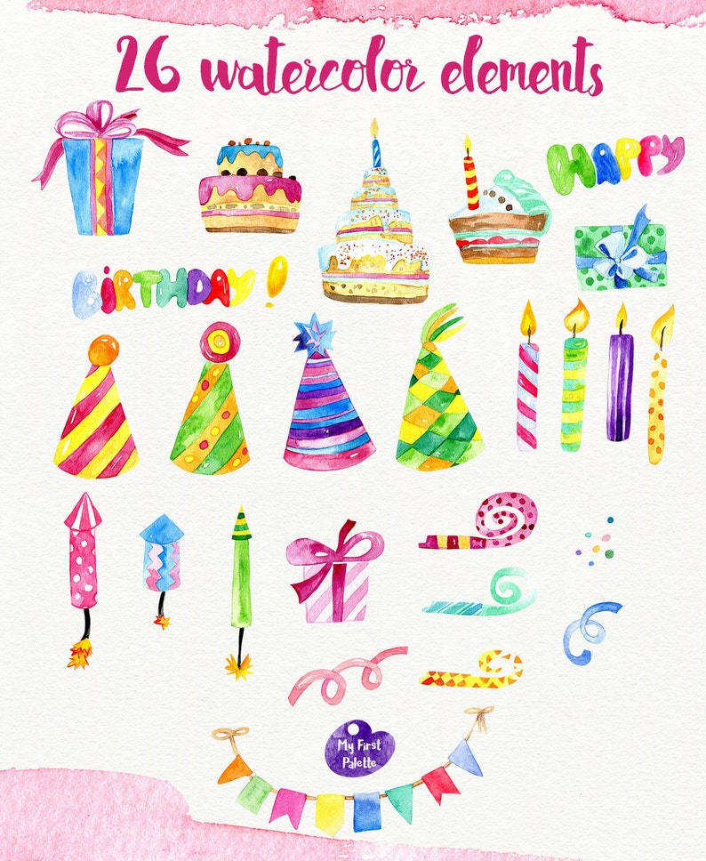 Watercolor Birthday clipart hand painted clipart: Birthday, Holiday, Party, Celebration, 400 dpi PNG, scrapbooking, invitations imagem 2