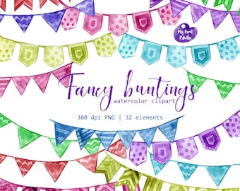 Watercolor Bunting Flags clipart - Birthday, Holiday, Party, Celebration, 300 dpi PNG on transparent background for scrapbooking, DIY cards