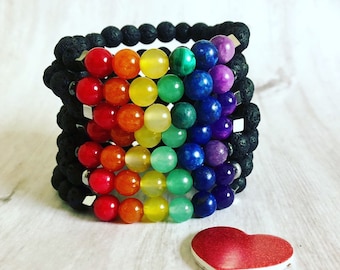 Rainbow  Bracelet, Lava Essential oil Diffuser,  Unisex Bracelets, Pride Rainbow Jewelry, Rainbow Gemstone Bracelet