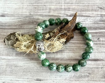 Tree Agate Buddha Bracelet// Healing Crystal Bracelets// Earthly Natural Bracelet// Agate Bracelet// Silver Buddha bracelet