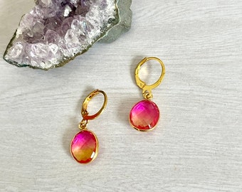 Aura Quartz  Stud Earrings// Two Tone Gemstone Crystal Earrings// Pink Yellow Gemstone Earrings // Aura Quartz Teardrop Earrings