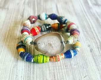 Recycled Paper Bracelet Sets// 2  piece Geode charm bracelet sets// Eco Friendly bracelet sets// Multicolored bracelet sets