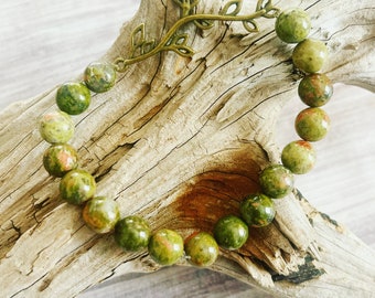 Unakite Leaf  Bracelet, Unakite Jasper Bracelet, Healing Crystal bracelet, Earthly natural bracelet, Bronze leaf bracelet