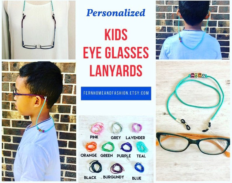 Op de afbeelding: Gepersonaliseerde brillenkoordjes voor kinderen in verschillende kleuren, waaronder roze, grijs, lavendel, oranje, groen, paars, teal, zwart, bordeauxrood en blauw. De koordjes zijn gemaakt met een kralenontwerp en worden getoond op kinderen die een bril dragen.