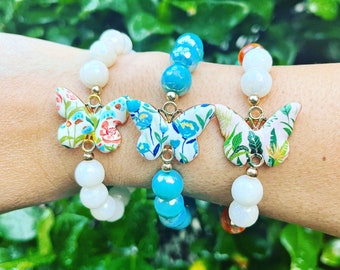 Boho Quartz Butterfly Bracelet, Hand-Painted Statement Bracelet