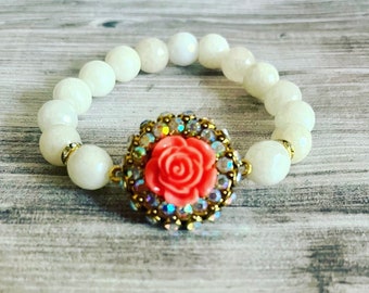 Flower Rhinestones bracelet// Coral flower bracelet// White crystal quartz bracelet