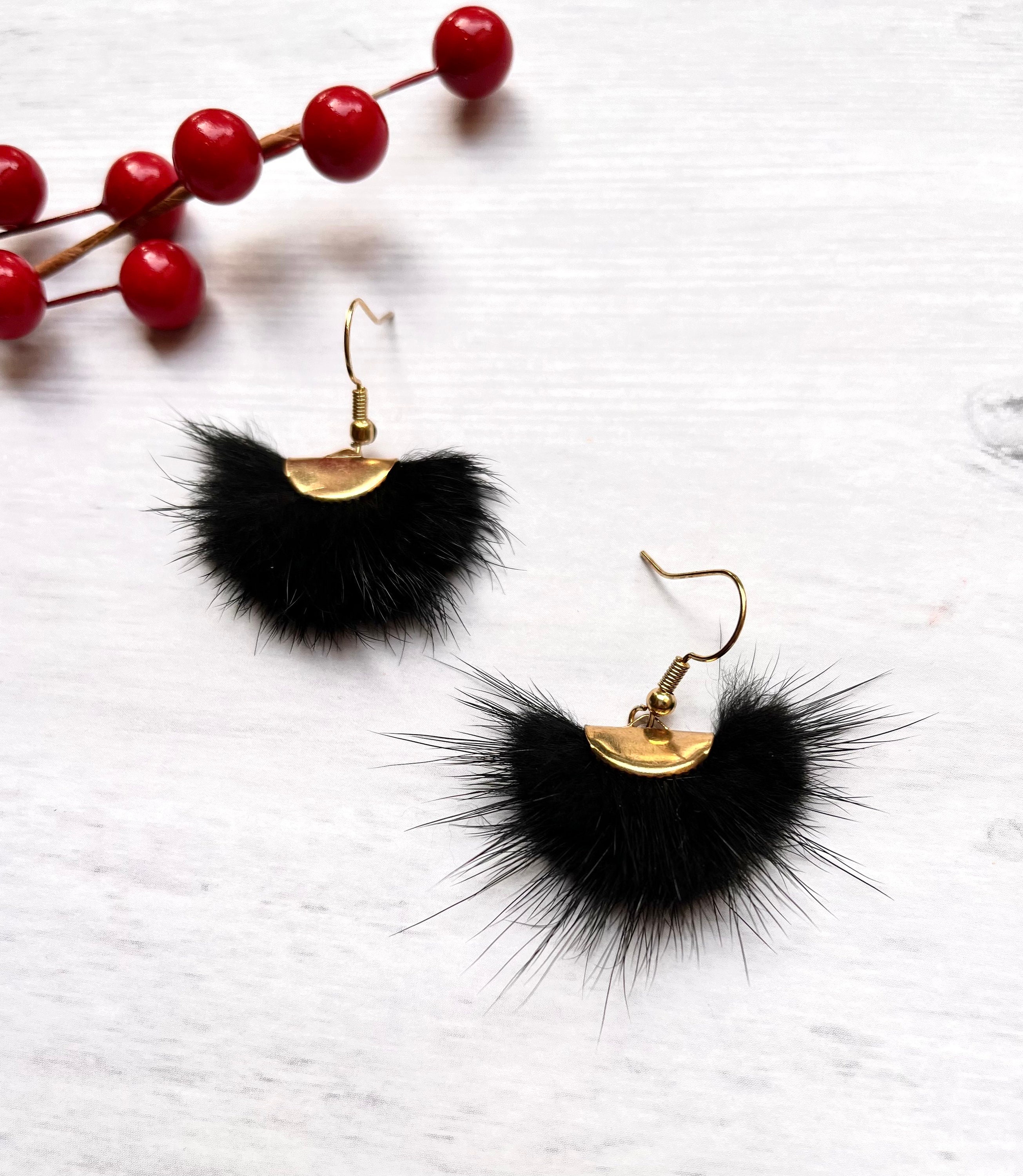 Black fluffy earrings deals