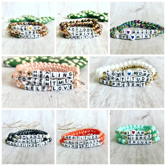 Set of 4 Lava Bead Bracelets w/Inspirational Word Bar Charm in Bag