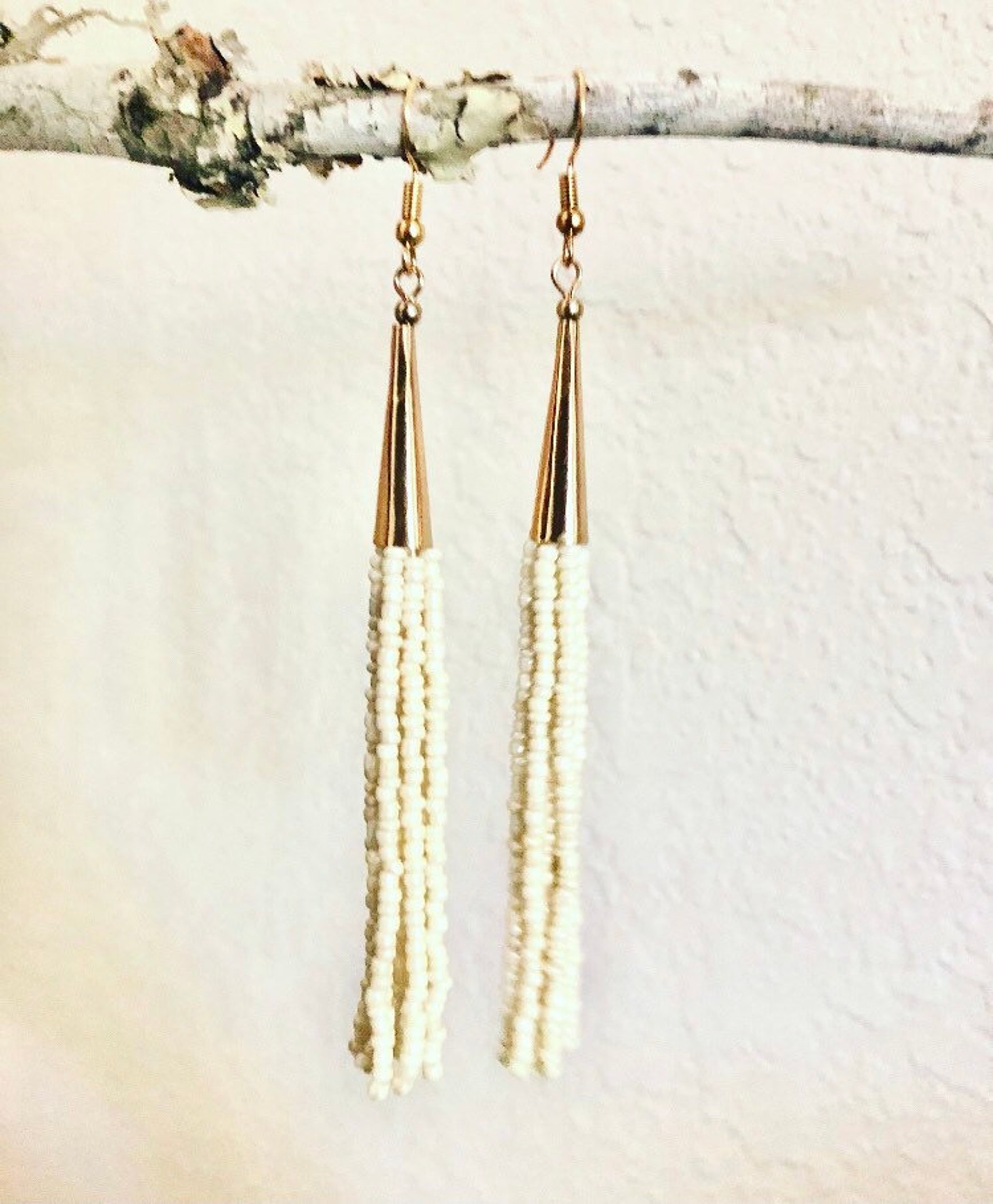 White Beaded Tassels Earrings// Long tassels earrings// Boho Etsy