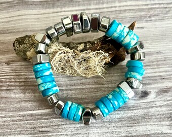 Blue Bone Hematite beads bracelet// Teal blue bracelet// Mediterranean style bracelet// Beach inspired bracelet