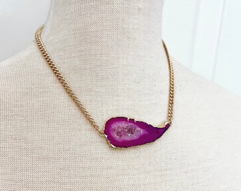 Pink Geode Druzy Necklace// Druzy Gold Necklace // Layering Necklace//  Free form Geode Druzy Pendant// Hot Pink Crystal bracelets