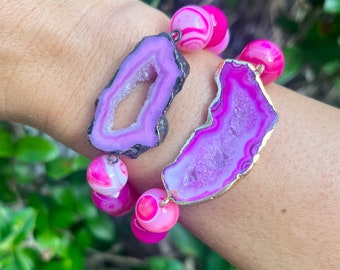 Pink Geode Agate Bracelet//  Geode Gemstone Bracelets // Pink Statement Bracelet// Agate Geode Bracelet