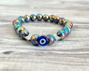 Mens Crystal Bracelets// Rainbow Hematite  Evil Eye Bracelet// Unisex  Bracelet// Mens Crystal Bracelets// Protection bracelet