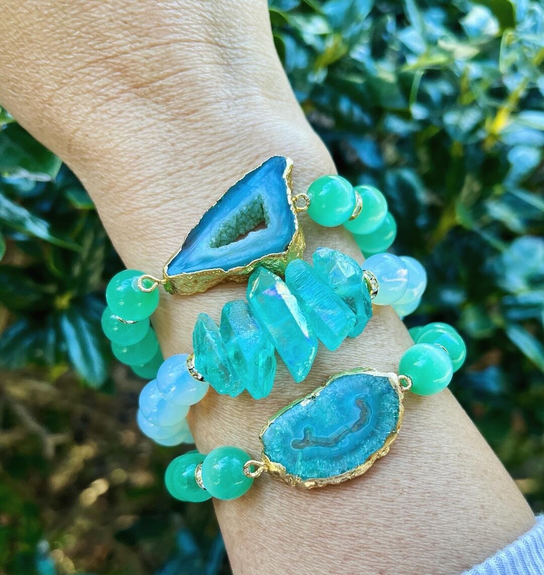 Cats Eye Bracelet// Green Geode Agate Bracelets// Green Cats Eye