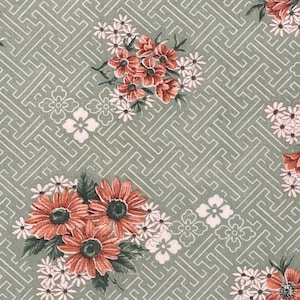 Pale Green Fabric with Geometric Maze Background / White and Coral Daisy Pattern image 1