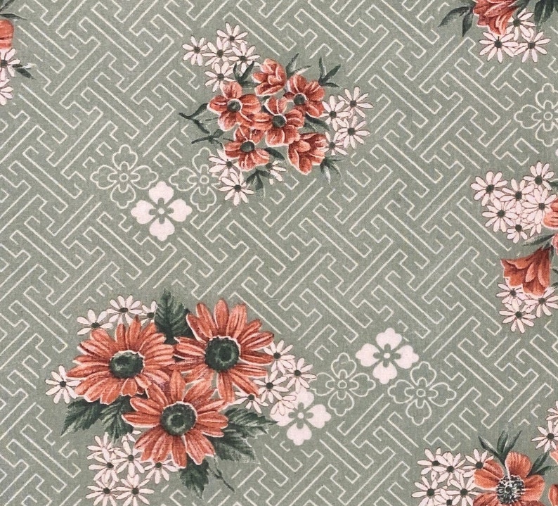 Pale Green Fabric with Geometric Maze Background / White and Coral Daisy Pattern image 1