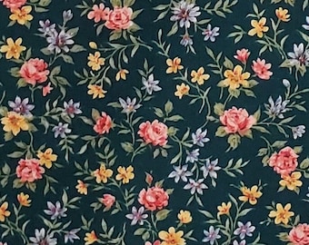 1997 Classic Creations - Dark Green Fabric / Rose, Yellow and Blue Flower Print