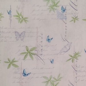 May include: A light pink background with a delicate floral pattern featuring blue butterflies and green leaves. The background is covered with handwritten text in a light purple color. The text includes the words "Sunrise" and "Easton Grass"